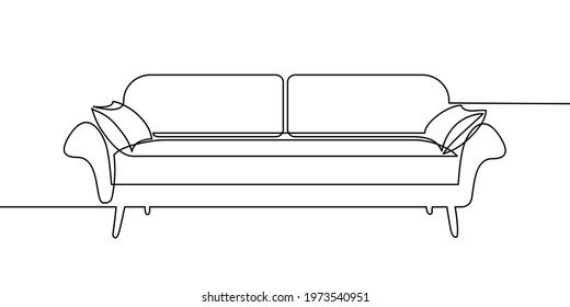 Sofa In Continuous Line Art Drawing Style. Couch With Two Pillows. Home Furniture Black Linear Design Isolated On White Background. Vector Illustration