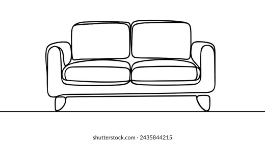 Sofá en estilo de dibujo de arte de línea continua. Sofá con dos almohadas. Muebles para el hogar diseño lineal negro aislado sobre fondo blanco. Ilustración vectorial.