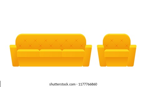 Sofa, Couch, Armchair Icon. Vector. Furniture In Flat Design. Animated Yellow House Equipment For Living Room Isolated On White Background. Cartoon Set Elements For Lounge.