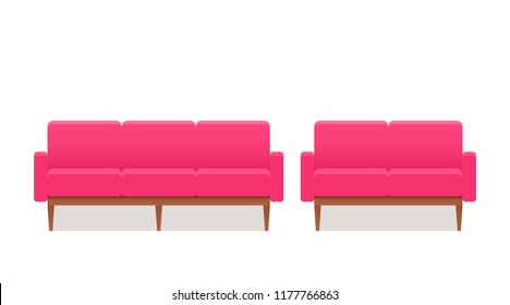 Sofa, couch, armchair icon. Vector. Furniture in flat design. pink house equipment for living room isolated on white background. Cartoon set elements for lounge.