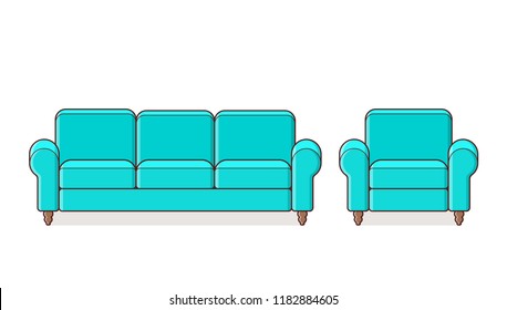 Sofa, couch, armchair linear icon. Vector. Outline furniture in line art flat design. Cartoon turquoise house equipment for living room isolated on white background. Animated set elements for lounge.
