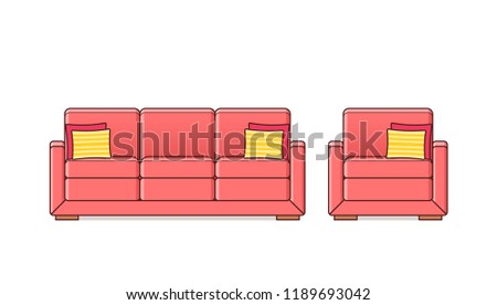 Sofa, couch, armchair linear icon. Vector. Outline furniture in line art flat design. Cartoon red house equipment for living room isolated on white background. Animated set elements for lounge.