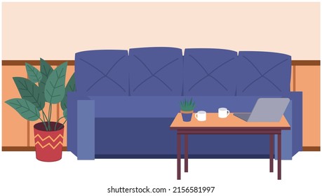 Sofa and couch blue colorful cartoon vector. Sofa leisure furniture. Comfortable lounge for interior design. Modern model of settee icon. Luxury divan. Living room interior design sofa element