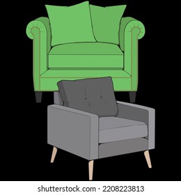 Ilustrador de bloques de color sofá o sofá. mobiliario en bloques de color para la sala de estar. Ilustración vectorial.
