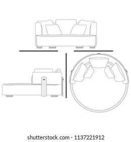 sofa, couch, divan, set in the style of linear art, line graph. Soft furniture with rounded shapes, the subject of the interior manual drawing of lines. Black and white sofa in the of Doodle vector