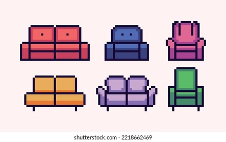 Sofa, couch pixel art set. Living room furniture collection. Armchair 8 bit sprite. Game development, mobile app.  Isolated vector illustration.