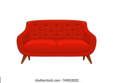 Sofa and couch red colorful cartoon illustration vector. Comfortable lounge for interior design isolated on white background. Modern model of settee icon.