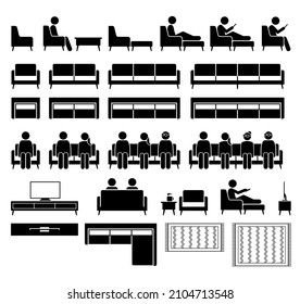 Sofa couch seating chair seater with people sitting. Vector illustrations icons pictogram of man and woman sitting on sofa and chair with footstool, coffee table, tv cabinet rack, and carpet rug. 