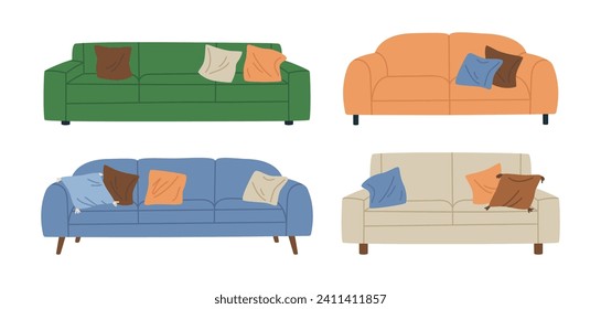 Sofa and couch set. Hand drawn comfy living room furniture, modern cozy house interior elements flat vector illustration set. Modern couches collection