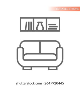 Sofa or couch with shelves line icon. Home interior furniture store, book shelf or bookshelf vector.