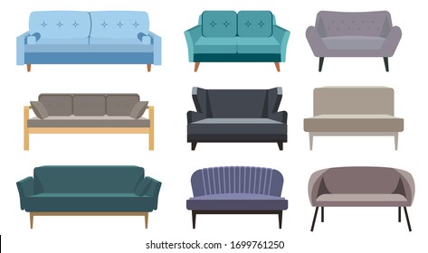 Sofa und Couch bunt Cartoon Vektorillustration Set. Kollektion von komfortablen Lounges für Innenarchitektur einzeln auf weißem Hintergrund. Verschiedene Modelle von Set-Icons. Komfortables Sofa