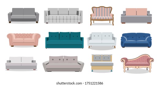 Sofa und Sofas bunter Cartoon-Vektorset. Kollektion von komfortablen Lounges für Innenarchitektur einzeln auf weißem Hintergrund. Verschiedene Modelle von Set-Icons. EPS