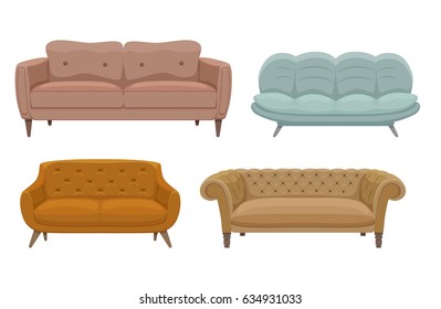 Sofa und Sofas bunter Cartoon-Vektorset. Kollektion von komfortablen Lounges für Innenarchitektur einzeln auf weißem Hintergrund. Verschiedene Modelle von Set-Icons.