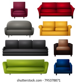 Sofa and couches colorful cartoon isolated on white background
