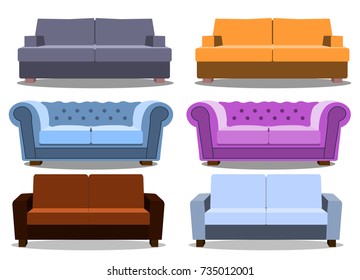 Sofa and couches colorful realistic set. Collection of comfortable lounge for interior design isolated on white background. Vector Illustration EPS