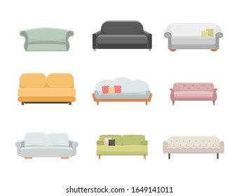 Los sofás y los sofás muebles de los iconos vectoriales planos conjunto. Estilo de ilustración de dibujos animados