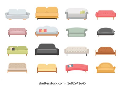 Sofa and couches furniture flat vector icons set. Cartoon illustration style