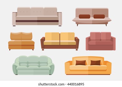 Sofa and couches furniture flat vector icons set. 