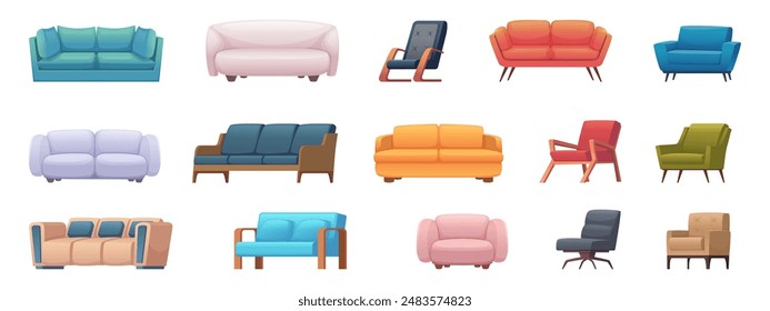 Sofa. Couches for living interiors relax cozy places exact vector soft furniture illustrations in cartoon style