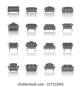 Sofa couches modern furniture interior design icons black set isolated vector illustration