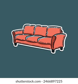 Sofa and couches red colorful vector cartoon illustration isolated in a blue background. Stylish comfortable red sofa with orange pillows. Mid century modern furniture, interior element. Elegant couch