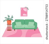 Sofa in cozy living room interior vector illustration. Minimalist flat design of green couch with pillows, houseplant on stand, poster frame and pink carpet for home decor banners, apartment renovation posters, furniture store flyers and lifestyle stickers isolated on white.