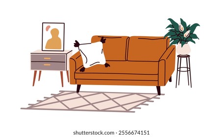 Sofa in cozy living room. Modern interior design with cushion on couch, picture on side table, carpet and plant. Home furniture and decoration. Flat vector illustration isolated on white background