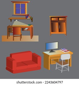 A sofa, a cupboard, a computer desk, and a desk with lampshades and books