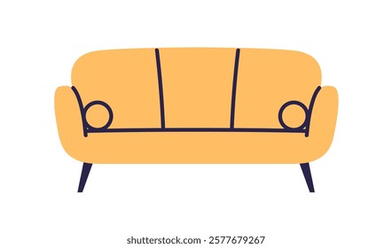 Sofa with cushions. Comfortable cozy couch, seat for home lounge, living room. Furniture with upholstery, legs in modern retro Scandinavian style. Flat vector illustration isolated on white background