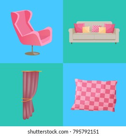 Sofa and cushions, pillow with pattern of squares, armchair and curtains, interior collection, vector illustration isolated on blue background