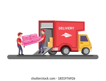 sofa delivery or moving van furniture service concept in flat cartoon illustration vector on white background