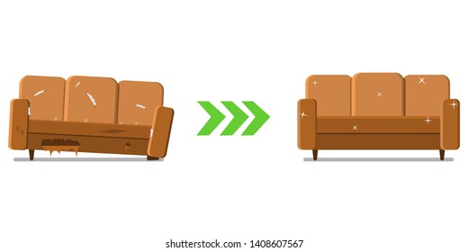 Sofa design before and after. Restoration of old furniture.