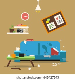 Sofa in dirty organized apartment. Different trashes in room. Flat style vector illustration. Sofa interior at home apartment, dirty room chaos