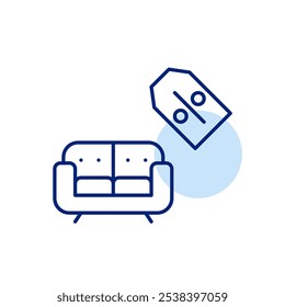 Sofa and discount price tag. Furniture store deals. Online sale events. Pixel perfect vector icon