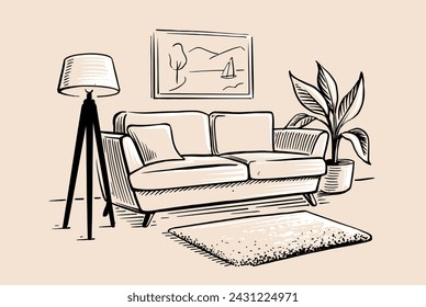 Sofa drawings sketch style. Room interior