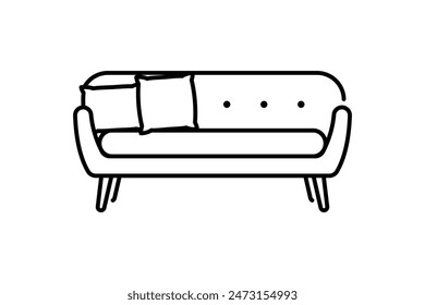 Sofa with duoble pillow pixel perfect linear icon. Furnishing for living room. Contemporary home furniture store. Thin line illustration. Contour symbol. Vector outline drawing. Editable stroke