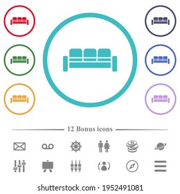 Sofa flat color icons in circle shape outlines. 12 bonus icons included.
