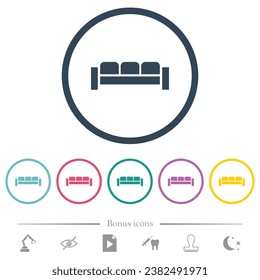 Sofa flat color icons in round outlines. 6 bonus icons included.