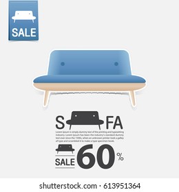 Sofa in flat design for living room interior. Minimal couch icon for furniture sale poster. Blue couch on white background in paper art style. Vector Illustration.