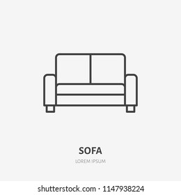 Sofa flat line icon. Apartment furniture sign, vector illustration of living room couch. Thin linear logo for interior store.