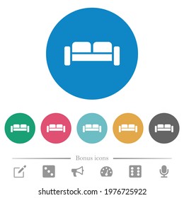 Sofa flat white icons on round color backgrounds. 6 bonus icons included.