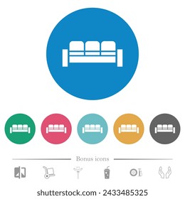 Sofa flat white icons on round color backgrounds. 6 bonus icons included.