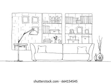 Sofa and floor lamp. Brick wall with shelves. Vector illustration of a sketch style.