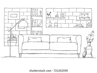 Sofa and floor lamp. Brick wall with shelves. Vector illustration of a sketch style.