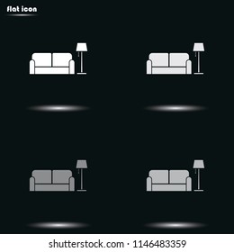 Sofa and floor lamp flat grayscale vector icon. Home interior.