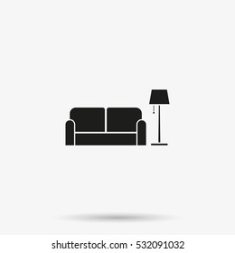 Sofa and floor lamp flat icon. Home interior.