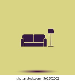 Sofa and floor lamp flat icon. Home interior.