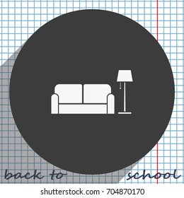 Sofa and floor lamp flat icon. Home interior.