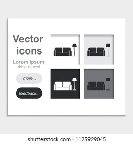 Sofa and floor lamp flat placed on web page template vector icon. Home interior.