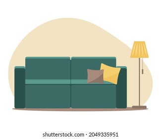 Sofa and floor lamp in a flat style. Isolated image on white background. Vector illustration